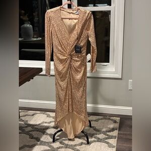 Mac Duggal Sparkling Gold Long Sleeve Dress